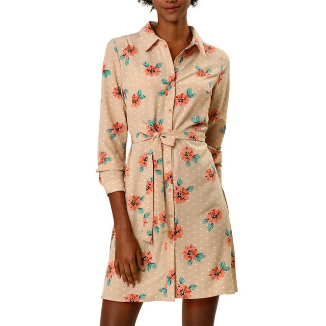 Allegra K Robe-Chemise à Fleurs pour Femmes à Revers, Boutonnée, avec Ceinture, G Abricot