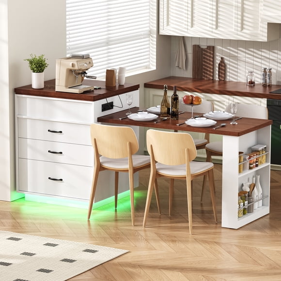 HORIZON Kitchen Island With Casters, Extendable Dining Table With Led Lighting, Kitchen Table With Power Strips, Buffet Table, Or Bar Table For The Kitchen And Dining Room,Creamy White