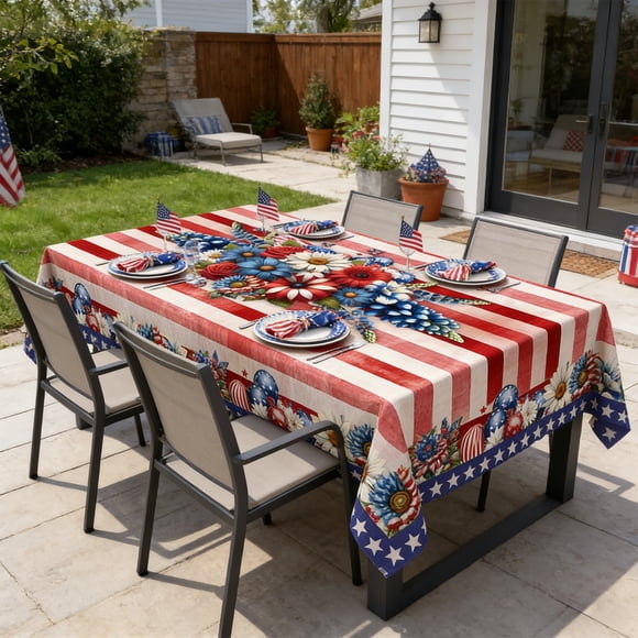 Patriotic 4th of July American Flag Tablecloth Washable Red White Blue Outdoor Dining Decor for BBQ Picnic Party Independence Day Memorial Day Veterans Day Holiday Decorations