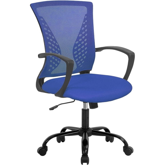 FDW Ergonomic Office Chair, Mid-Back Adjustable Rolling Swivel Task Chair with Armrests & Lumbar Support, Mesh, Blue