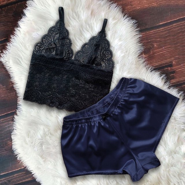 LSLJS Ensemble de Lingerie en Dentelle Satinée pour Femmes, Haut à Bretelles et Short, Pyjama Deux Pièces