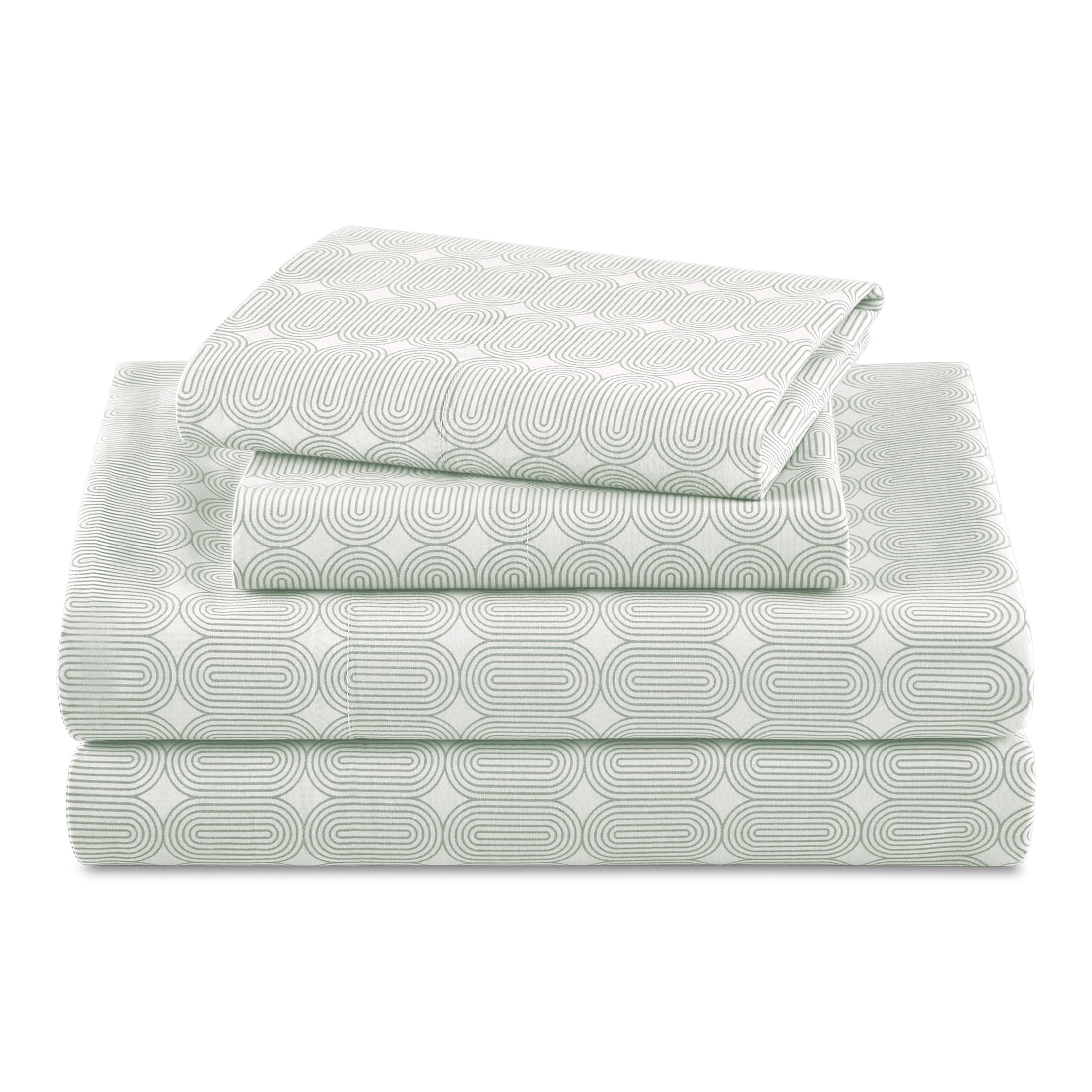 ENSEMBLE DE DRAPS EN PERCALE GÉOMÉTRIQUE 4 PIÈCES VERT SAUGE, DOUBLE – BEAUTIFUL PAR DREW BARRYMORE