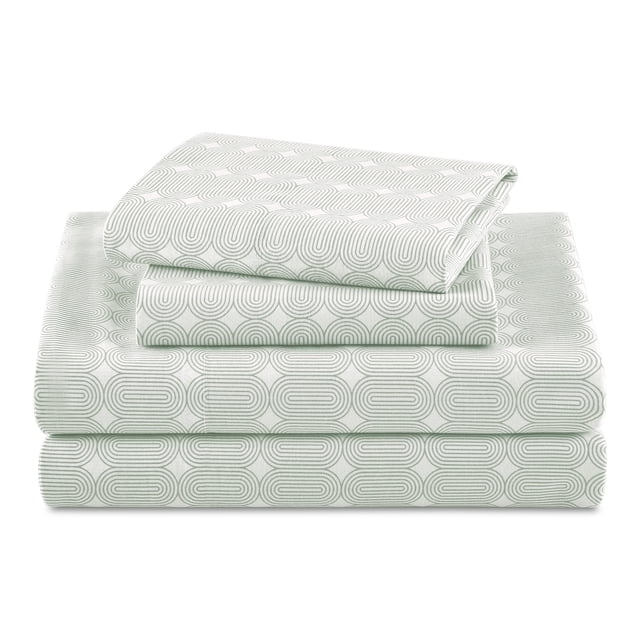 Beautiful Geometric 4-Piece Percale Sage Green Sheet Set, Double by Drew Barrymore
