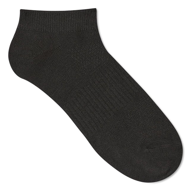 Athletic Works Women's Low-Cut Socks 6-Pack single black low-cut athletic sock shown flat with ribbed cuffs and elastic arch support made from 67% recycled polyester blend, suitable for casual or active wear