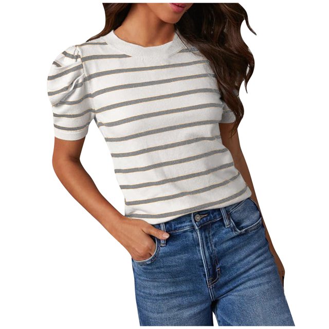 Birdeem Hauts en Tricot à Manches Courtes Bouffantes pour Femmes T-Shirts à Col Rond Rayés Tendance Blouses d'Été Décontractées