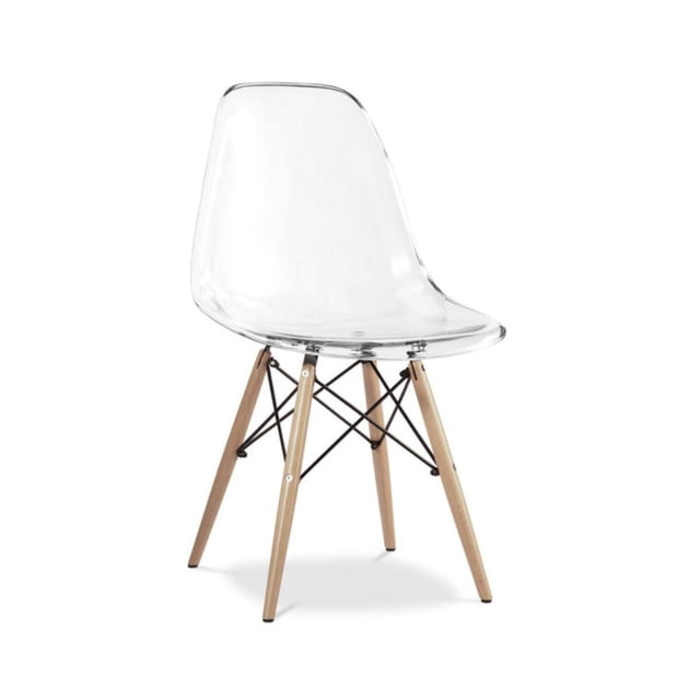 Heavenly Collection Clear Wood Chair with a clear acrylic seat and backrest, natural wood legs with black metal cross supports, measuring 33 inches high and 18-inch seat height, designed for comfortable kitchen and dining seating.