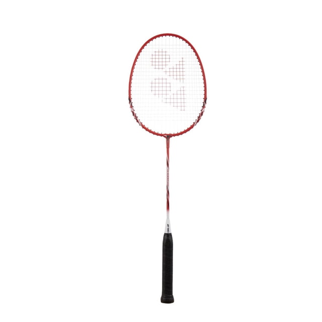 Yonex B7000MDM Badminton Racket featuring a durable aluminum frame and steel shaft. Designed with a 105mm grip size, 16-20lbs string tension, and a large sweet spot for enhanced performance. The racket includes a mega frame and standard weight, suitable for training and matches. The red and white design showcases the Yonex logo on the string bed.