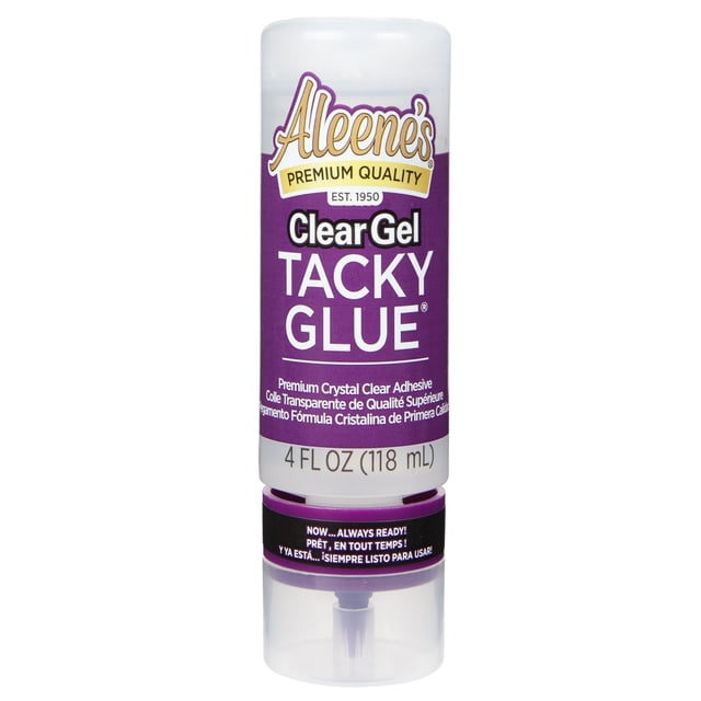 Aleene's ClearGel Tacky Glue Premium All Purpose Adhesive 4 fl. Oz. bottle with purple label and clear cap, featuring a no-cut tip and inverted cap stand for reliable application. This transparent, nontoxic glue dries crystal-clear and permanent, ideal for craft adhesives and DIY projects on various surfaces.