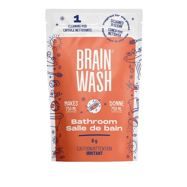 Brain Wash Bathroom Cleaner Refill Pod standing pouch with orange and white design, containing one 8 g cleaning pod that makes 750 ml of bathroom cleaner, bilingual English and French text, caution irritant warning, decorated with blue line art of bathroom cleaning items.
