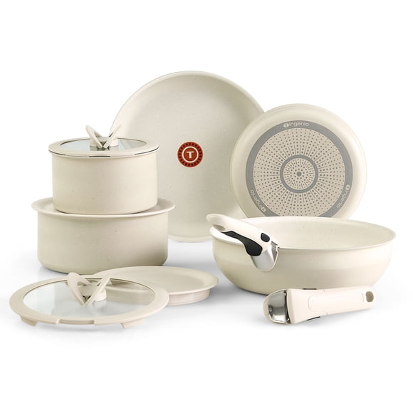 T-fal Ingenio Essentials, 11 Piece Pots and Pans Nonstick Cookware Set, Oven Safe 500F, Camping, Broil, Dishwasher safe, Detachable handle, RV, Beige Granite