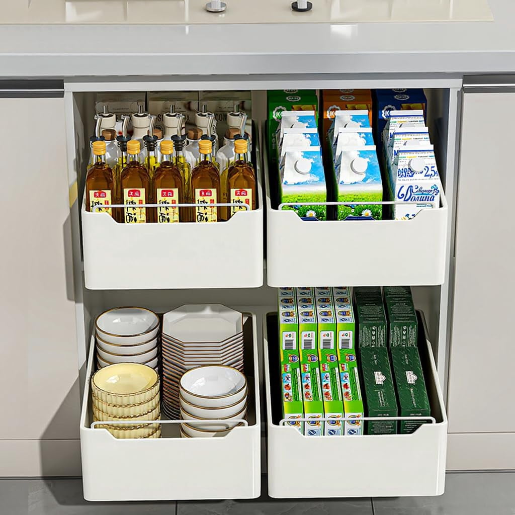 Heavy-Duty Pull-Out Cabinet Organizer for Kitchen – Smooth Sliding Drawer, Multi-Functional Metal Rack for Under basin, Pantry & Bathroom – Tool-Free Install, White – 20" Width
