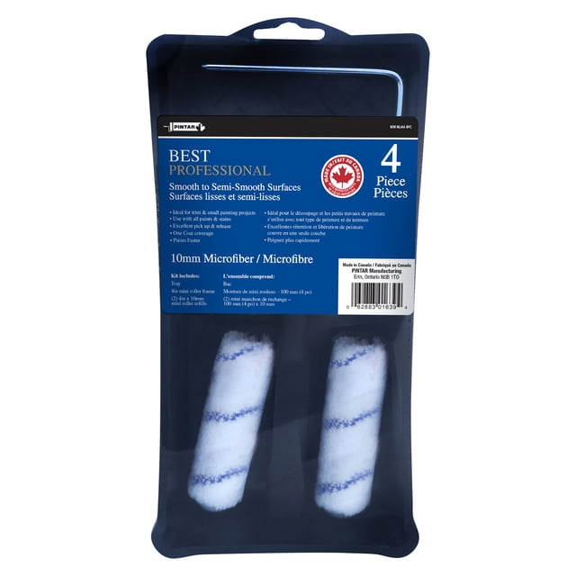 Pintar Meilleur Ensemble de 4 mini Rouleaux avec Deux Couvre-mini Rouleaux en Microfibre de 10 mm avec Rayures Diagonales Bleues, un Cadre de Mini Rouleau de 4 Pouces et un Plateau, Conçu pour des surfaces Lisses à Semi-Lisses, Idéal pour les Garnitures et les Petits Projets de Peinture, Convient à Toutes les Peintures et Taches.