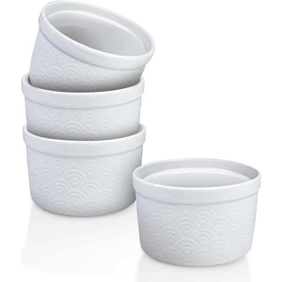 Maison Neuve 4pc Oven Safe Ramekin Set, 8 oz, White Embossed with Textured Design, Small Bowls, Ceramic Baking Dishes, Ideal for Soufflés, Dips, Sauces, and Desserts, Rainbow style Design