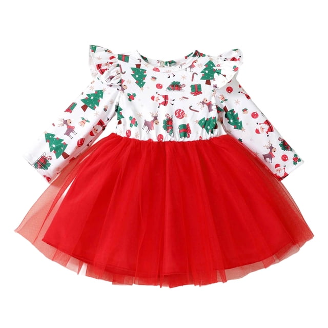 Robes de Noël pour Filles Robe de Fête à Manches Longues avec Imprimé de Dessins Animés pour Tout-Petits Tenue des Fêtes Décontractée pour l'École Robe Rétro pour Tout-Petits Chandail de Noël pour Filles Flanelle Concours Rouge 5-6 Ans