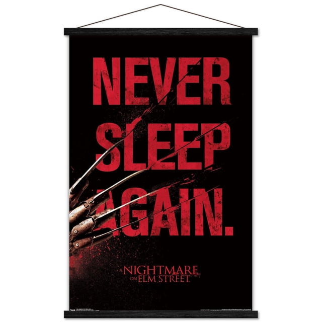 Un Cauchemar sur Elm Street - Affiche Murale de Sommeil, 22,375 Pouces x 34 Pouces Encadrée, avec Texte Rouge Usé « Ne Jamais Dormir de Nouveau. » sur Fond Noir avec Gant Griffé en Métal de Freddy Krueger Foulant les Lettres, Encadrée en Bois Noir avec une Corde Suspendue, Convient à la Déco de Chambre à Thème d'Horreur Ou à la Décoration de Fête.