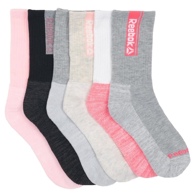 Chaussettes Mi-Mollet, Lot de 6 pour Filles par Reebok, avec Chaussettes Côtelées Mi-Mollet en Rose, Noir, Gris Pâle, beige, Blanc avec Talon Rose et Gris avec logo Rose, Idéales pour une Tenue Décontractée et à Superposer avec des Chaussures d'École Ou de Sport.