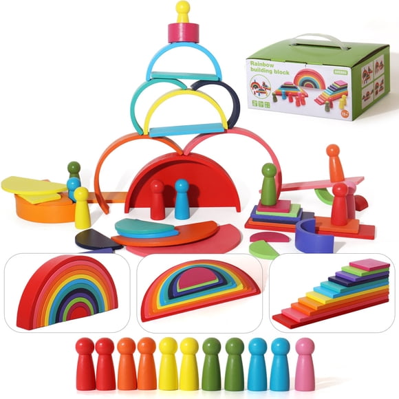XFGOU Toys and Hobbies 40 Piece Wooden Rainbow Stack Set 4 In 1 Building Preschoolers Early Development & Activity Toys Montessori Toys For Kids And Older Gifts For Boys And Girl