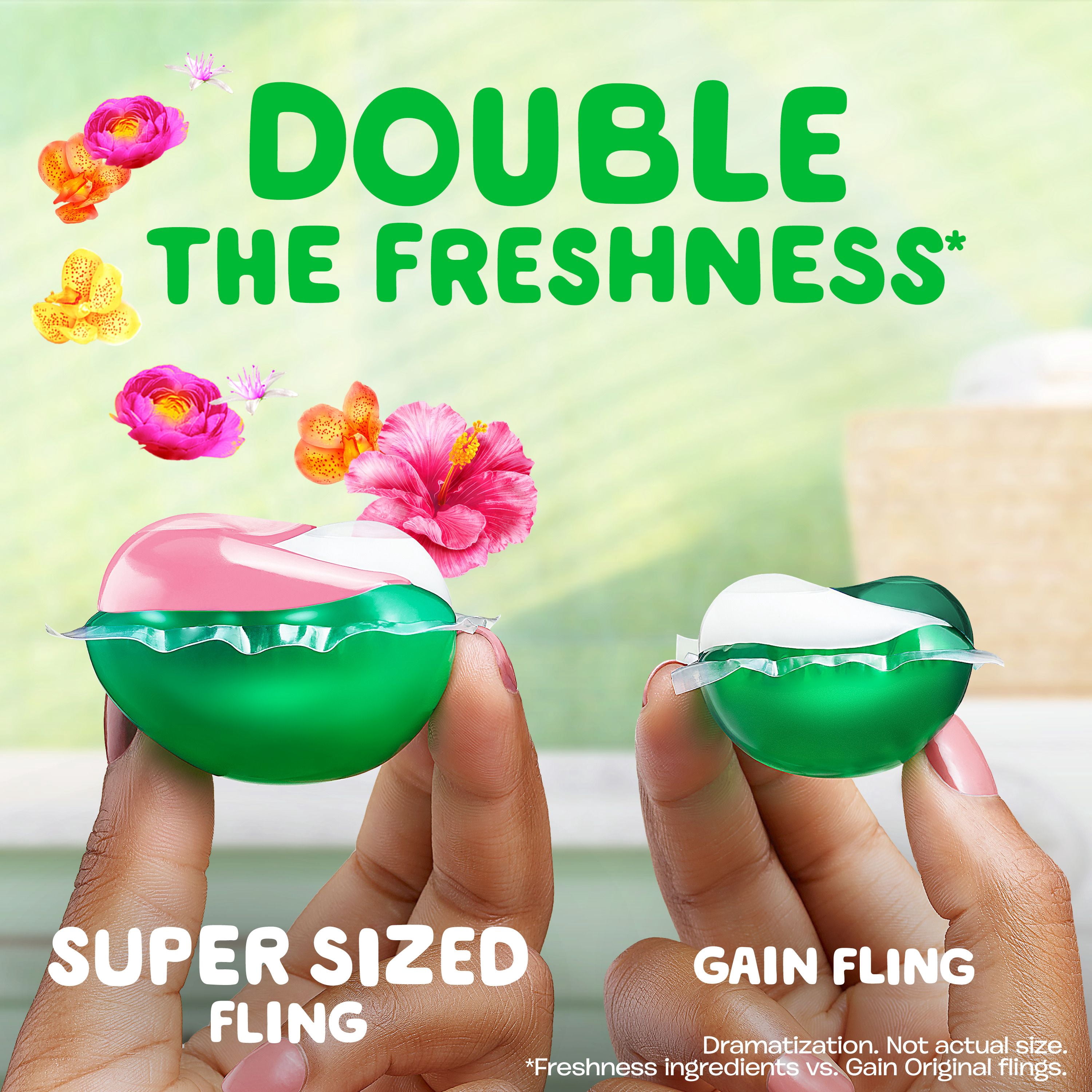 Gain Super Flings Laundry Detergent Pacs, Hibiscus Hula scent, irresistibly clean and fresh washing detergent laundry soap pacs, 45 Count