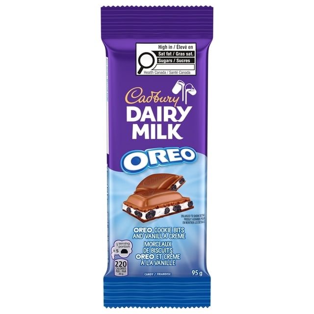 Cadbury Dairy Milk Oreo chocolatey candy bar in purple and blue packaging, featuring milk chocolate with crunchy Oreo cookie bits and smooth vanilla crème filling, 95g bar with Canadian health labels, ideal for a sweet snack or dessert.