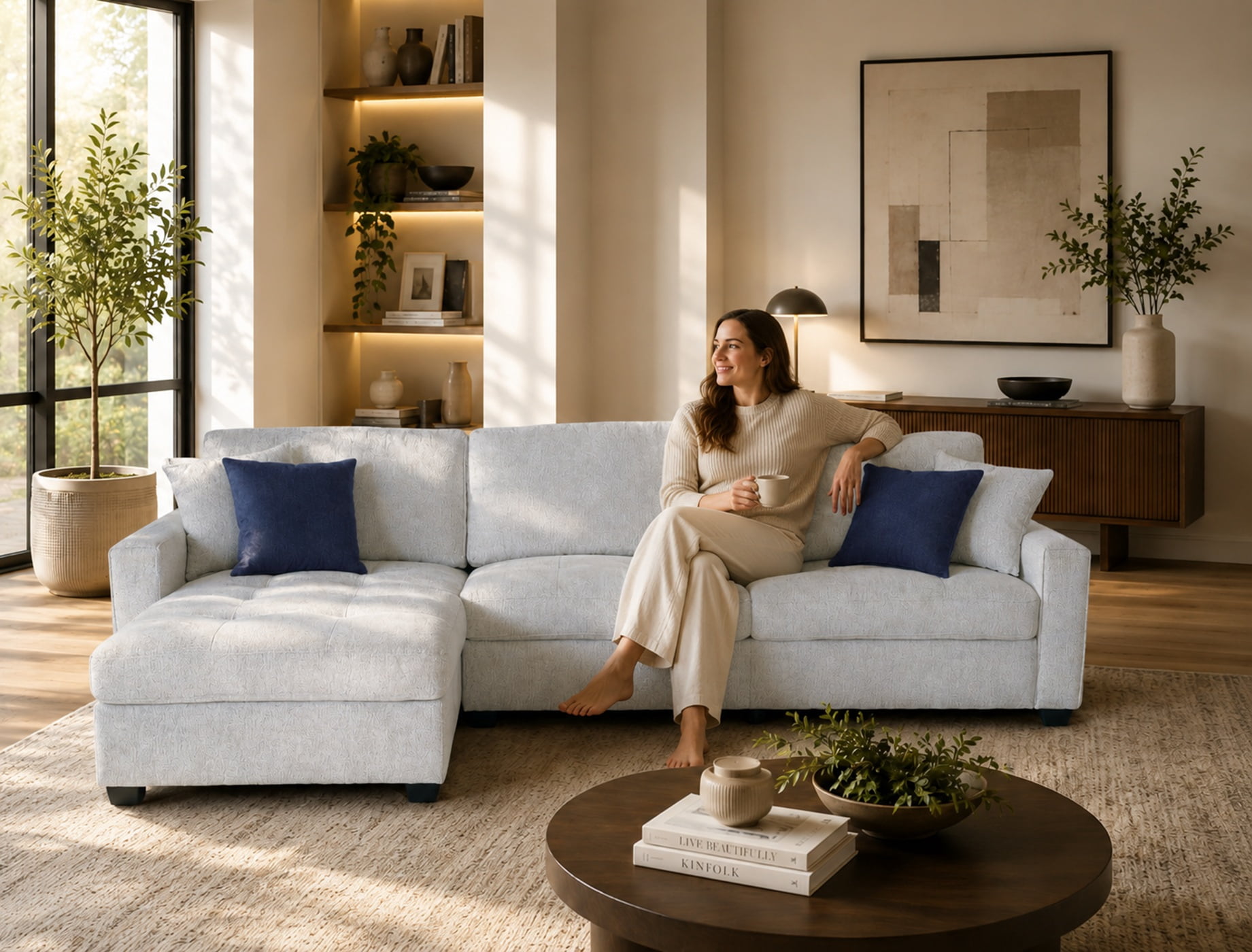Canapé sectionnel réversible en tissu tissé en lin Amaya de K-Living de couleur sable avec 2 coussins décoratifs