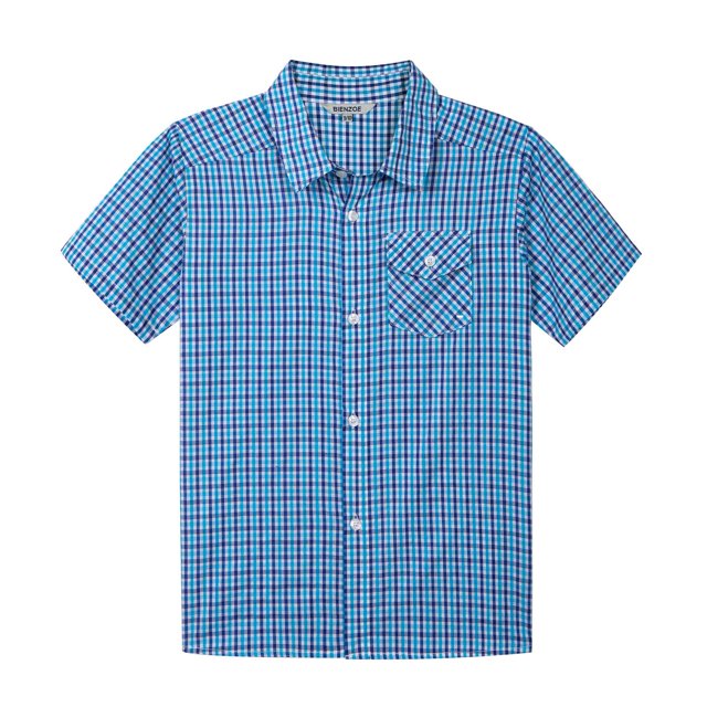 Bienzoe Boy's Cotton Plaid Button Down Short Sleeve Shirt Blue/Azure 5/6