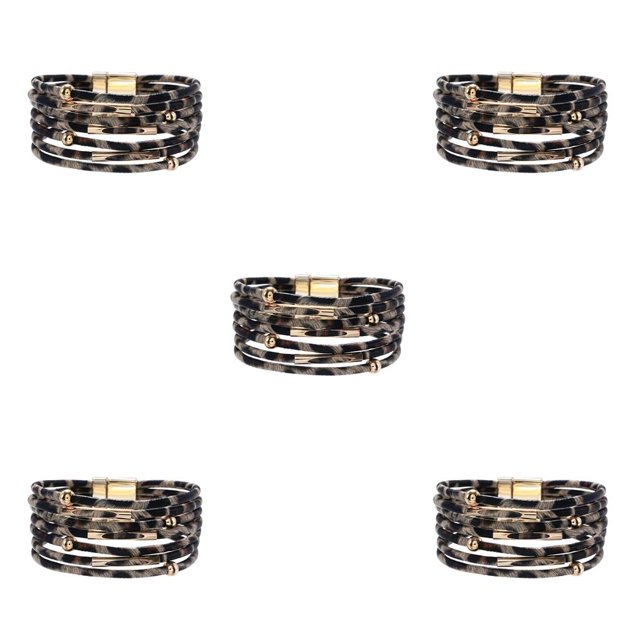 QualitChoice Bracelet Multi-layers Magnetic Buckle Leather Multi-colored Leopard Print Valentines Day Gifts Bracelets Hand Jewelry Light Brown 5Set