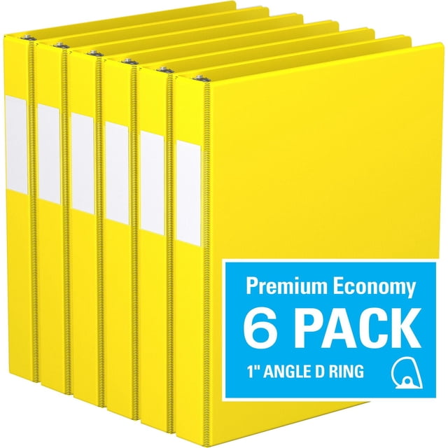 Davis Group, Premium Economy, D Ring, Binder, 6 Pack, 1" showing six yellow binders with 1-inch angle D rings and white label holders on the spine, designed for organizing documents in office or school settings and suitable for securing loose papers.
