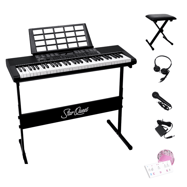 StarQuest 61 Key Portable Electronic Keyboard Piano Kit featuring a digital piano with 61 full-size keys, Bluetooth connectivity, and an intuitive control panel. The kit includes a sturdy keyboard stand, a padded bench, headphones, a microphone, and an AC power adapter. The keyboard is designed for beginners and experienced musicians, offering teaching mode, USB and AUX ports, and a lightweight, portable design. Displayed in a front-facing view with all accessories arranged to the side.