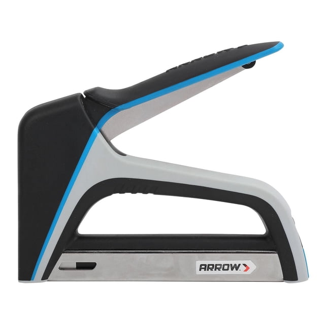 Arrow Heavey Duty Staple Gun with lightweight molded housing in black, gray, and blue, featuring a soft-grip handle, metal internal parts, a non-marring rubber tip, and a staple viewing window, ideal for home improvement, hand tools, and DIY staple gun projects.