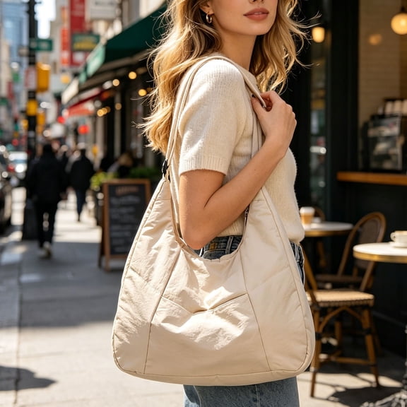 Sac Fourre-Tout en Nylon pour Femmes, Sac d'Épaule Rembourré, Grand Sac Bandoulière à Grande Capacité pour Étudiantes et Navetteuses, Sac à Main en Nylon Hydrofuge pour l'École, le Bureau et l'Usage Quotidien Décontracté