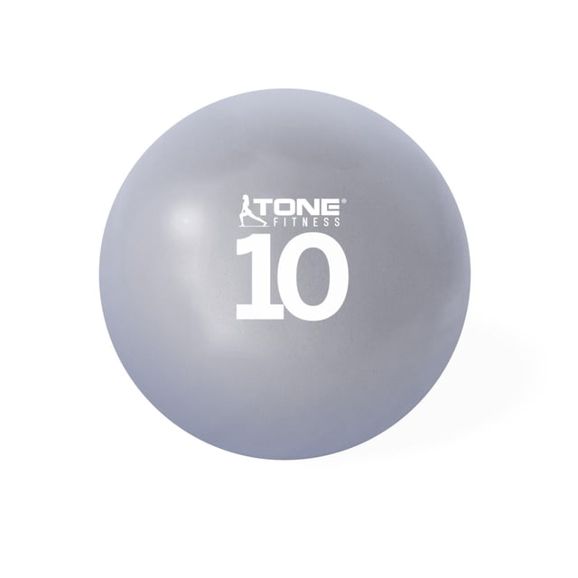 Tone Fitness Balle Molle Pondérée, 10 lb, Montrée Orientée vers l'Avant avec une Coque en Vinyle Gris Lisse Mettant en Vedette le logo Tone Fitness Blanc et le Numéro 10, Conçue pour l'Entraînement de Force, d'Équilibre et de coordination Lors des Exercices de Balle Médicinale, Convient Aussi aux Mouvements Dynamiques de Torsion et de Lancer.