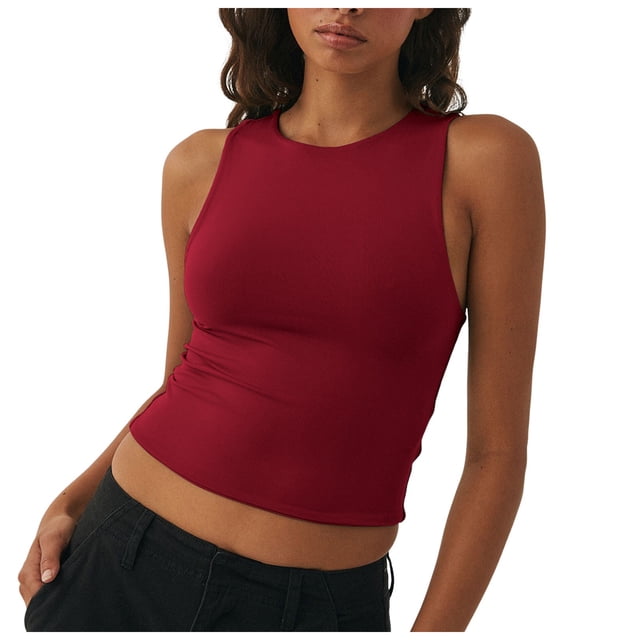 MIASHUI Womens Tank Tops Trendy Summer Crewneck Sleeveless Casual Basic Top,Wine,L