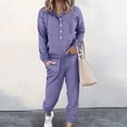 thumbnail image 2 of Pisexur Womens Lounge Set Trendy Casual Solid Color Matching Set Long Sleeve Button Drawstring Hooded Sweathirts Tops Wide Leg Sweatpants Tracksuit with Pockets 2 Piece Travel Outfits, 2 of 6