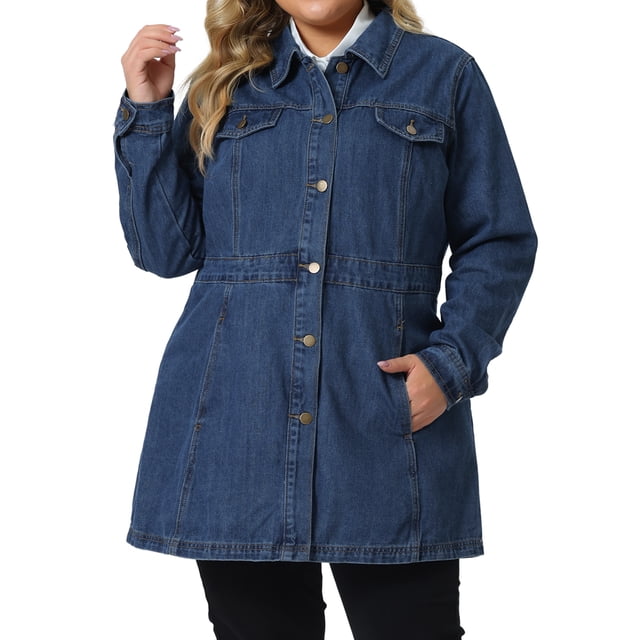 Plus Size Denim Jacket for Women Buttons Long Sleeve Jean Jackets 3X Blue. This jacket features a button-up front, long sleeves, and a flattering fit. Made from quality denim material, it has a classic blue wash with chest flap pockets and side pockets. The versatile design makes it suitable for casual or semi-formal outfits, ideal for layering over dresses or pairing with jeans and a t-shirt.