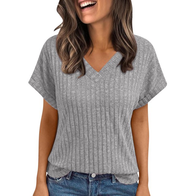 Posijego Hauts pour Femmes Été Chandail à Manches Courtes Léger V Neck Tunique en Tricot Chemises pour Femmes