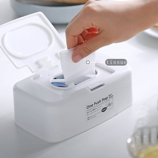 DPTALR Wet Wipes Box, Baby Moist Toilet Paper Box, Baby Wipes Box, Wet Wipes Dispenser, and Storage Box with Lid shown in a white plastic design. The box features a removable lid and a one-push flap for easy access to wipes. A hand is pulling a wet wipe through the dispenser opening, demonstrating its functionality. The compact size of 6.7 x 4.1 x 2.4 inches makes it suitable for home, office, or travel use. The non-slip base ensures stability, and the sealed lid helps maintain moisture and cleanliness of the wipes.