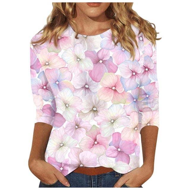 Haut Tunique à Manches 3/4 Imprimé pour Femme, Col Ras du Cou, Blouse Décontractée, T-Shirt pour Usage Quotidien