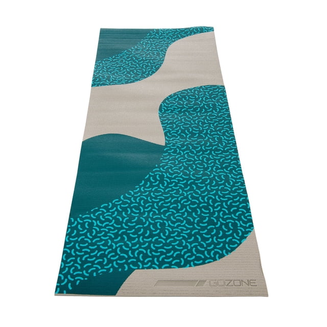 GoZone 6mm PVC Yoga Mat – 24" x 68" with a non-slip surface and abstract teal and beige shapes accented by turquoise dash patterns, made from durable PVC, ideal for indoor and outdoor yoga and easy to roll for transport.