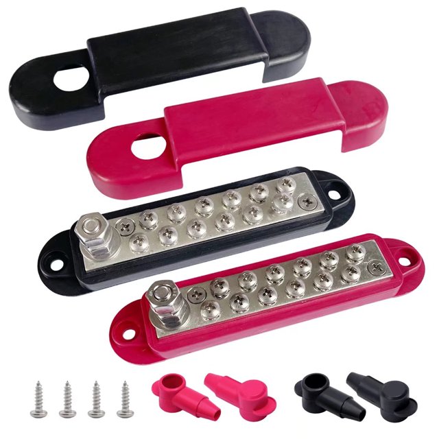 12 Terminals Bus Bar, Ampper 5.3" Power / Ground Distribution Block Brass Battery BusBar Junction for Car Vehicle Rv Truck Marine Boat Audio Amplifier and More (Red & Black)