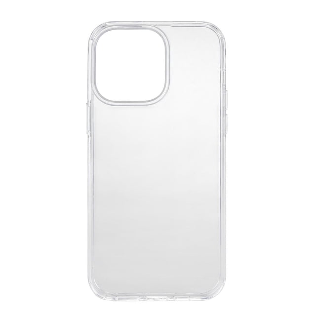 Onn. iPhone 14 Pro Max Phone Case clear hard-shell protective cover with raised bezel edges for screen and camera, durable mixed material construction, and precise cutouts for buttons and ports, shown front-facing on white background.
