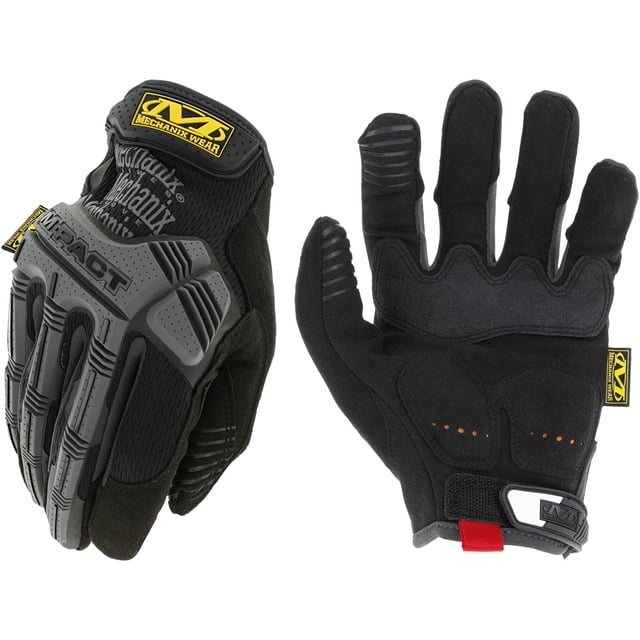 Mechanix Wear M-Pact® Work Gloves medium black pair featuring TPR knuckle and fingertip impact protection meeting EN 13594 standard, breathable TrekDry® fabric, D3O® padded synthetic leather palms with touchscreen capability, and secure TPR wrist closure with red pull tab and yellow brand tags.