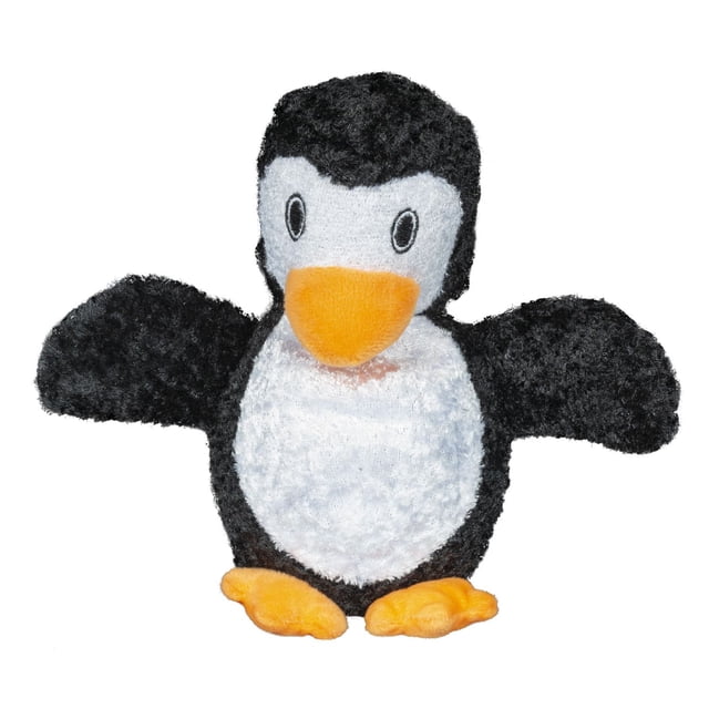 Furry Friends Penguin Plush Dog Toy with a front-facing plush penguin featuring black fuzzy wings and head, white fuzzy belly, bright orange beak and feet, and a noisy spiky ball inside with crinkle material and squeaker to keep dogs engaged.