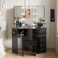 thumbnail image 1 of Corner Makeup Vanity Desk with Lights & Power Outlet,  Vanity Table and Stool with 5 Rotating Drawers, 3 Color Lighting, Brightness Adjustable, Dressing Table for Women Girls, Black, 1 of 6