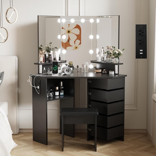 Corner Makeup Vanity Desk with Lights & Power Outlet, Vanity Table and Stool with 5 Rotating Drawers, 3 Color Lighting, Brightness Adjustable, Dressing Table for Women Girls, Black
