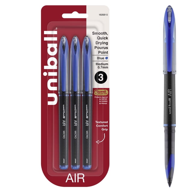 Uniball Air Rollerball Pens, Fine Point (0.7mm), Blue, 3 Count