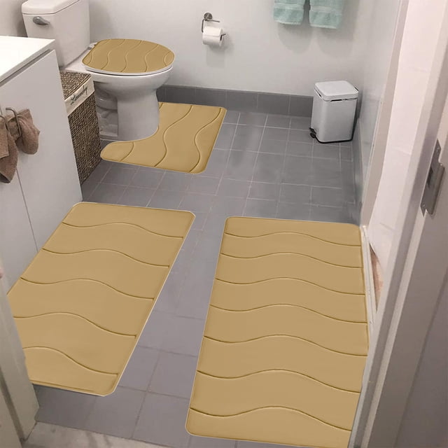 Cagogo under $5 4-Piece Wave Bath Mat, Foam Bath Mat 4 Set Complete,Bathroom Rugs Toilet Mats Collection,Soft Comfortable Water Absorption Mats,Non-Slip Thick Machine Washable Dark