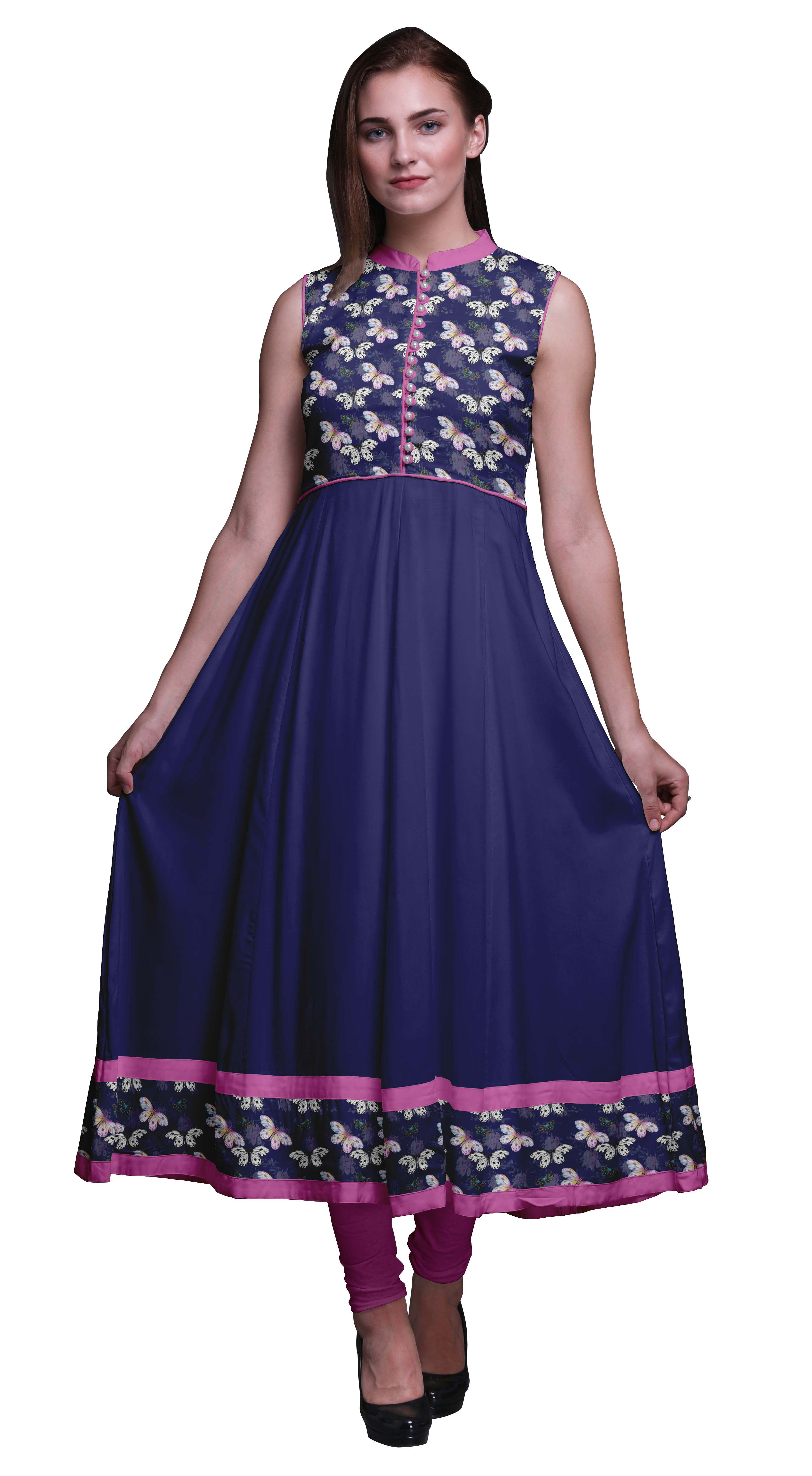 Bimba Kurti Longue Indienne à Fleurs Bleu Marine pour Femmes Tenue de Fête Imprimée Sans Manches Robe Anarkali Kurti Très Grande