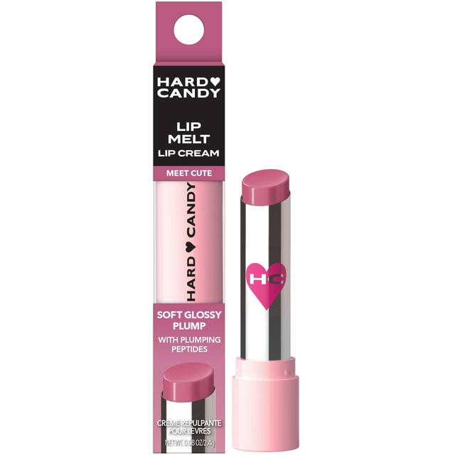 Hard Candy Plumping Lip Melt Meet Cute lip cream in a twist-up tube with a soft glossy pink shade, infused with plumping peptides for hydrated, fuller lips, displayed alongside its pink and black branded packaging with product information.