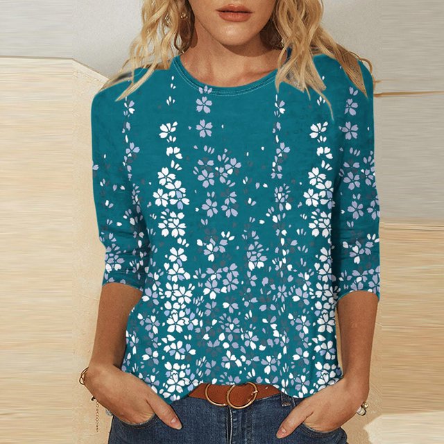 Xihbxyly Blouses pour Femmes Manches 3/4 Mode Féminine Col Rond Rétro Imprimé de Pâques Hauts Amples Blouse Offres du Jour