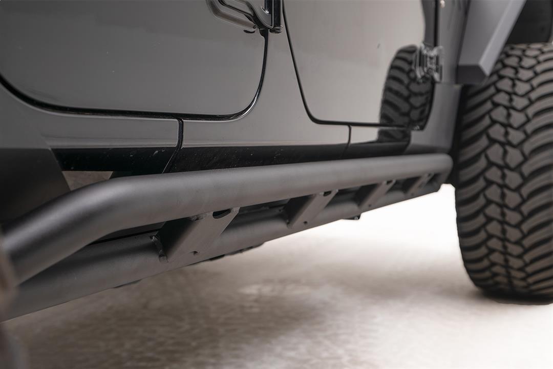 Fits 2018-2023 Jeep Wrangler JL Fab Fours Rocker Panel Guard JL18-G1750-1 Rock Slider; Tubular; Powder Coated; Black; 3/16 Inch Plate Steel